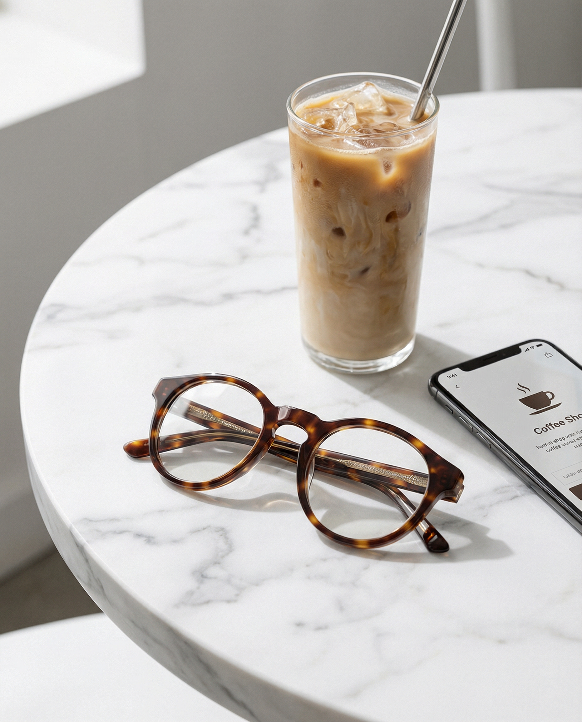 High-angle lifestyle product photography on a white marble café table. A pair of crystal clear round acetate glasses resting next to an iced latte and a smartphone. Bright, diffused daylight creating clean, crisp shadows. Minimalist luxury aesthetic. Sharp focus on the transparent frame details and metal wire core. 8k resolution. --ar 4:5 --stylize 250 --v 6.0 @Pascal - Cognac Tortoise - Clear