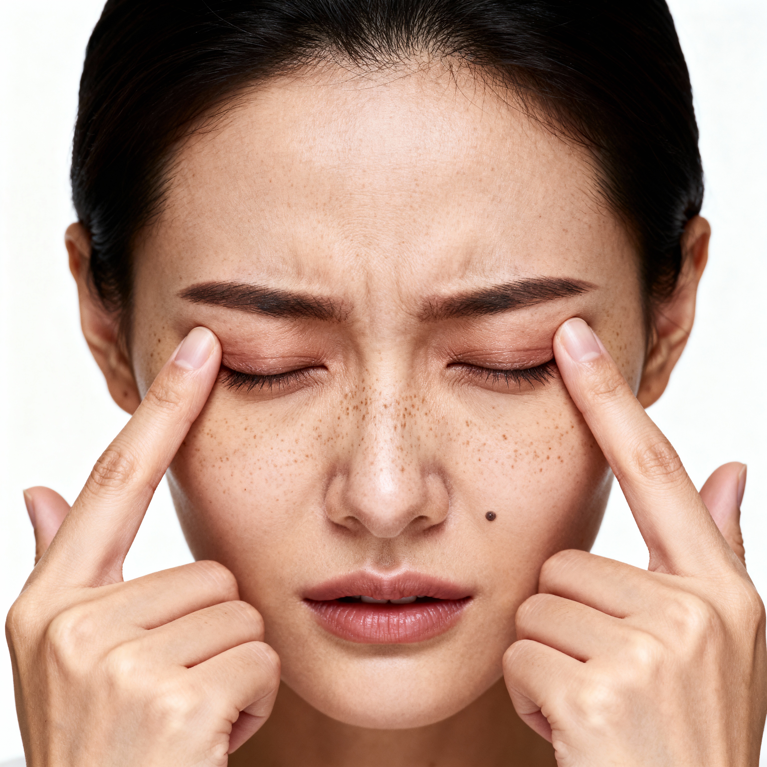 A women rubbing both of her eyes with her thumb and index finger, in pain a close up of the persons head. The person has very high quality facial features like freckles, a mole, and 8k resolution image with a white studio backround