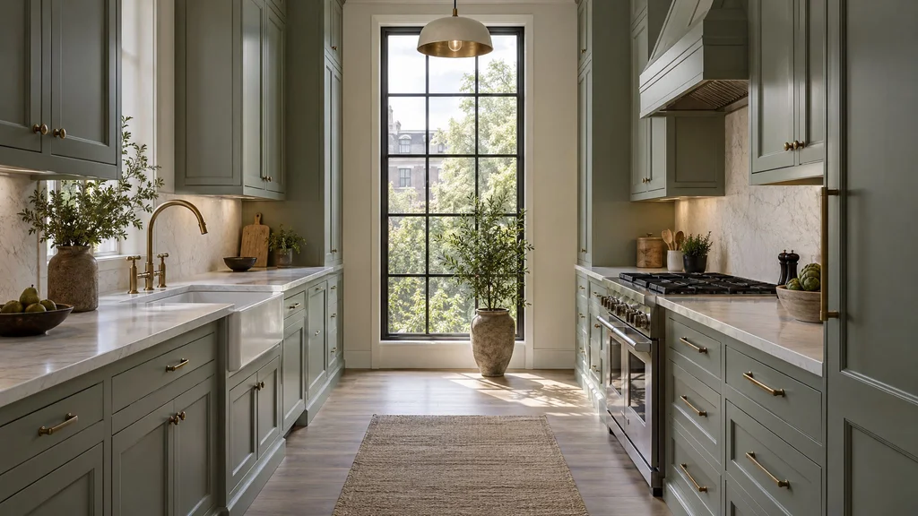 A galley kitchen with two parallel runs of painted cabinets and a tall window at the far end