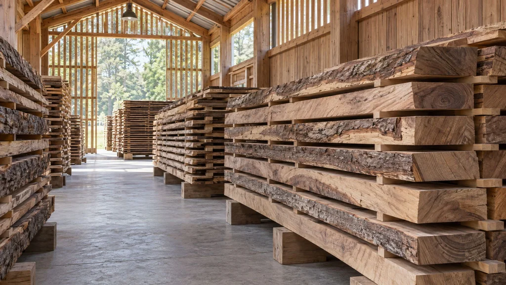 Stacks of rough-sawn hardwood boards drying in a lumber shed