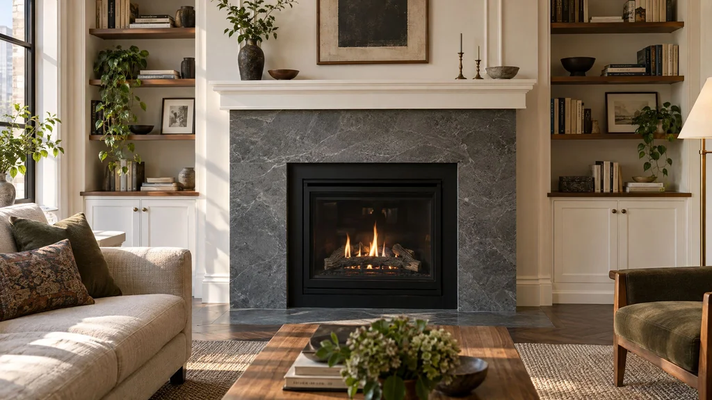 Honed soapstone fireplace facing framed by a painted wood mantel and flanking bookcases in a prewar New York living room