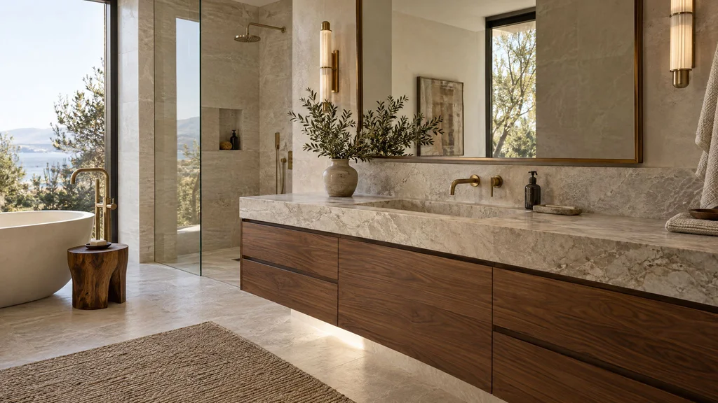 Floating custom walnut vanity with a honed marble top, integrated sink, and brushed brass faucet in a luxury bathroom