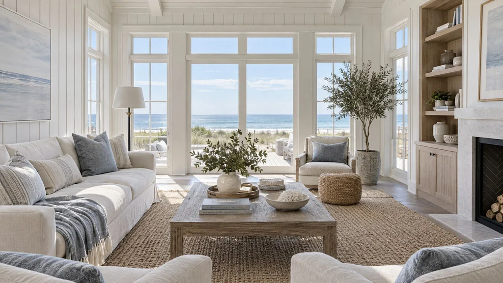 Hamptons beach house living space with painted board-and-batten walls, white oak built-ins and open shelving