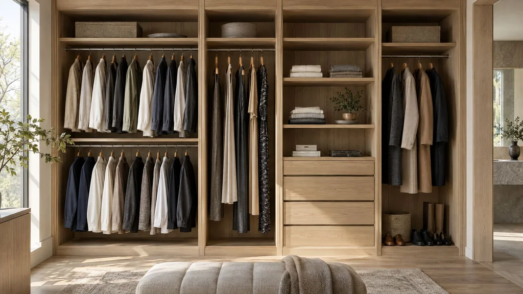 A white oak closet wall with double hanging, long hanging and folded-shelf sections