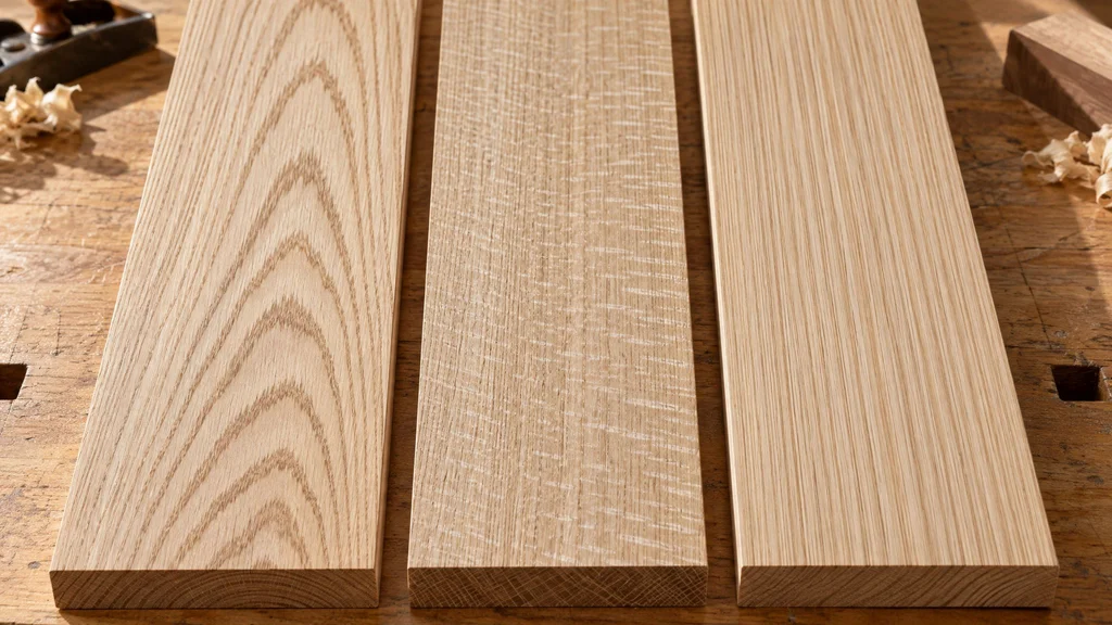 Three white oak boards showing plainsawn cathedral grain, quartersawn ray fleck, and riftsawn straight grain