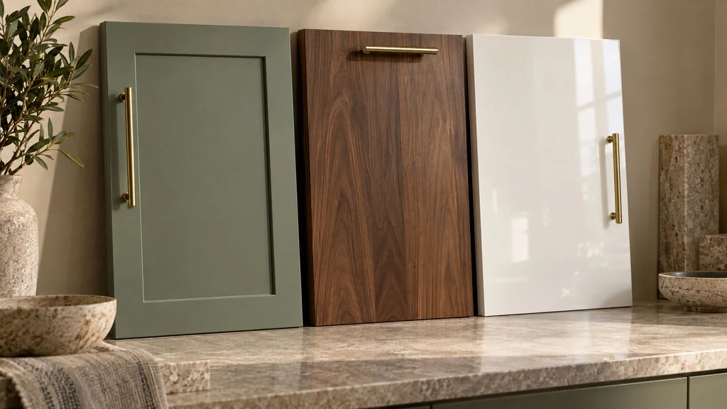Painted sage green shaker door, walnut veneer slab door, and glossy white smooth door with brass pulls