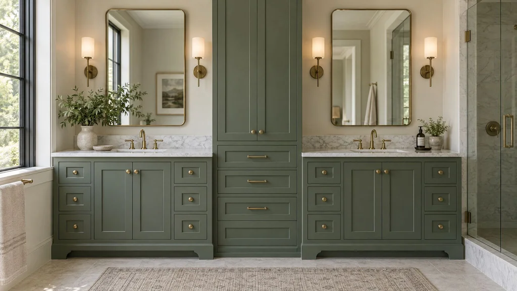 A green painted double vanity with separate sink zones and a central storage tower