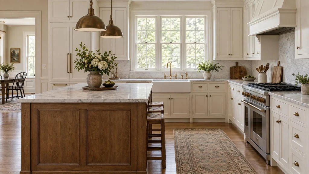 A bright custom kitchen in a colonial home with warm white painted inset cabinets, a stained oak island and a farmhouse sink under a window