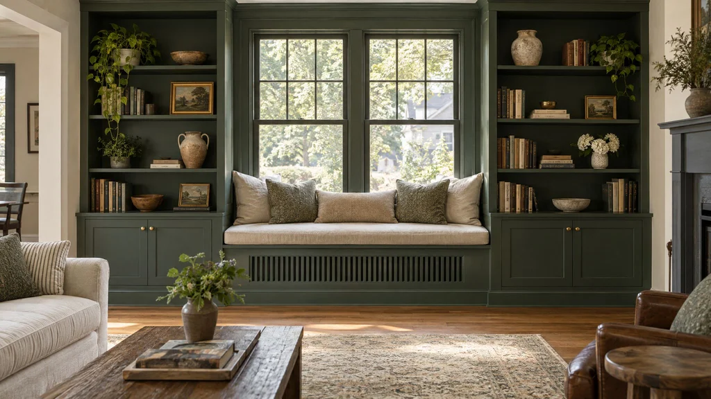 Two deep green painted bookcase towers with a window seat between them and books on open shelves in a New Jersey living room