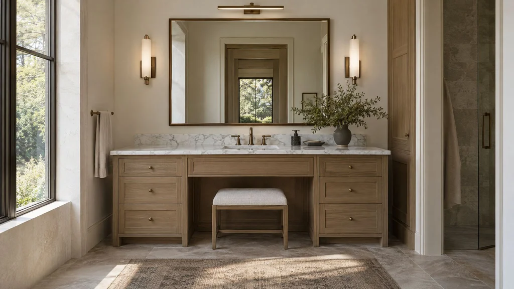 A vanity lit by side-mounted sconces and a slim overhead light