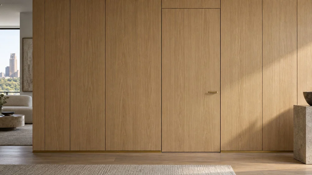 Close-up of a flush hidden door in a sequence-matched white oak veneer wall with aligned quarter-inch reveals and matte finish