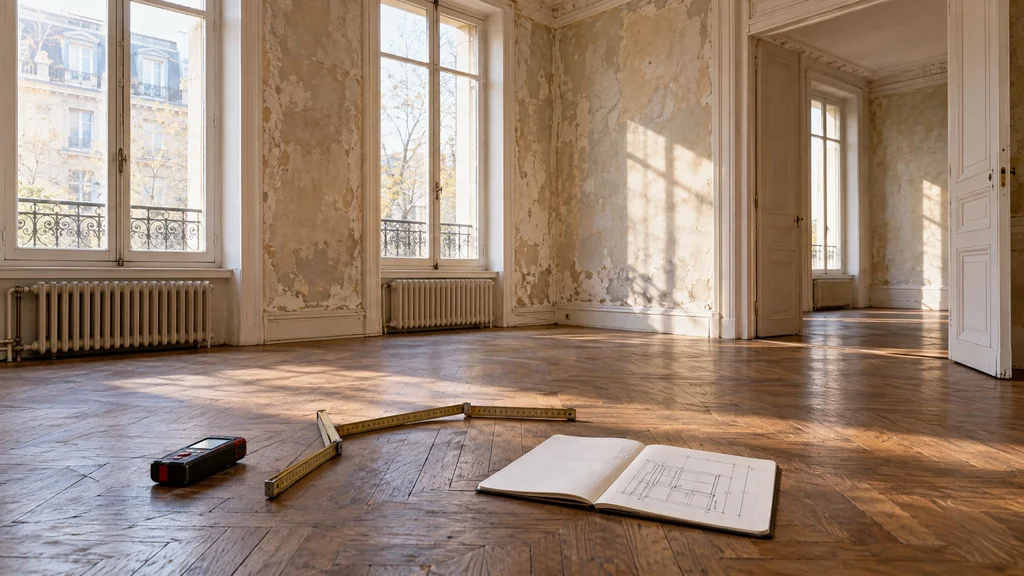 Empty pre-war apartment room with a laser distance measurer, folding rule, and sketch notebook on the floor