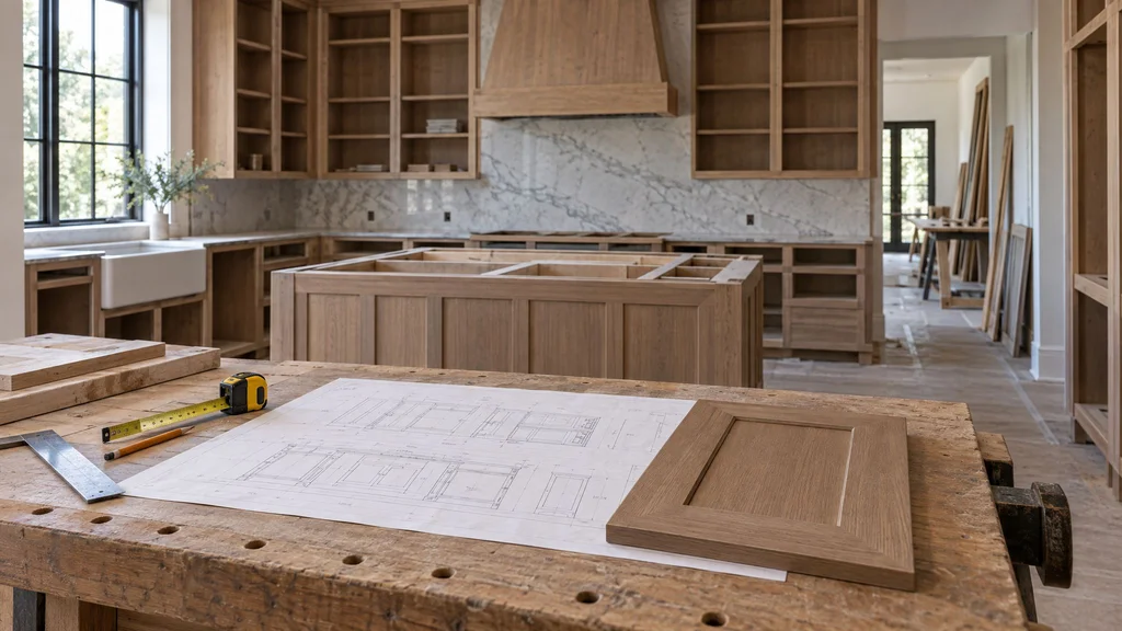 A cabinetmaker's workbench with shop drawings, a door sample and a measuring tape in front of kitchen cabinets under construction