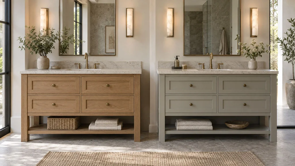 Two bathroom vanities side by side in a showroom: one natural oak, one painted