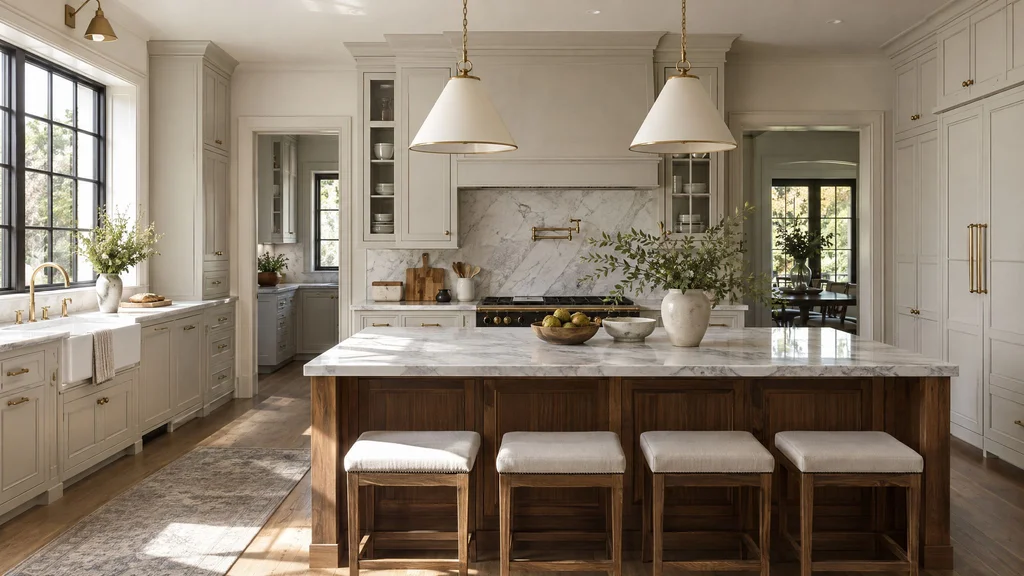 Newly completed luxury custom kitchen with painted inset cabinetry, a walnut island, marble counters, and pendant lights in morning light