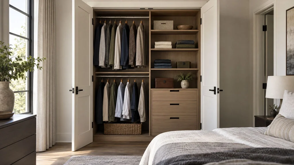 A custom reach-in closet in a bedroom with its doors open, showing double hanging and shelves