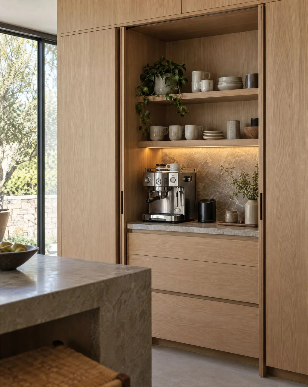 Built-in coffee station behind white oak pocket doors