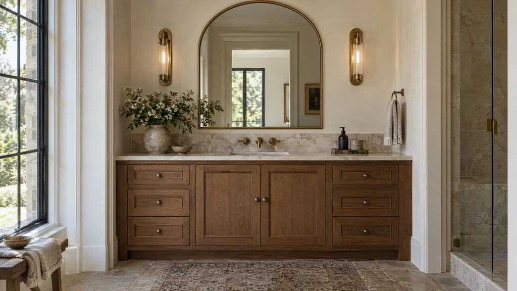 A vanity with an arched mirror and two brass sconces above it