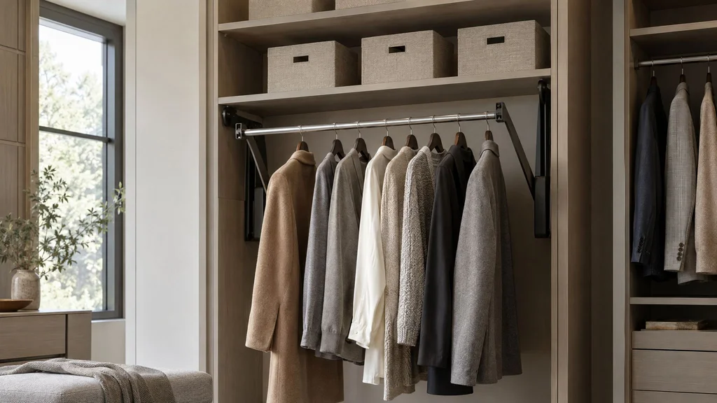 High closet shelves with fabric storage boxes and a pull-down hanging rod for seasonal clothes