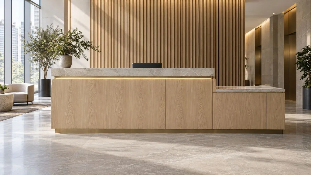 Rift white oak reception desk with a lower accessible counter and a lit reveal in a New York office lobby, acoustic slat wall behind