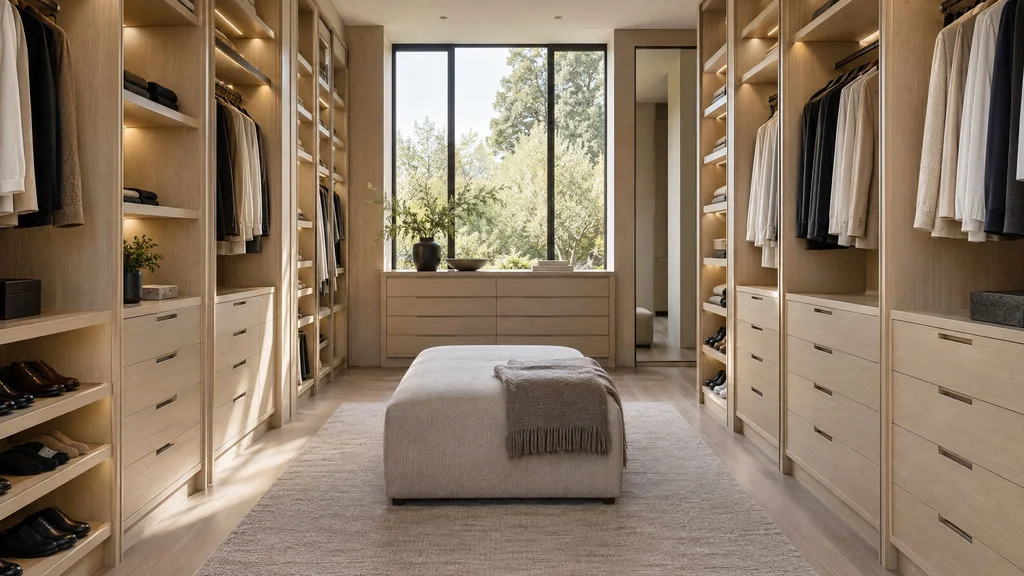 A finished walk-in closet in rift white oak with integrated lighting and a center ottoman