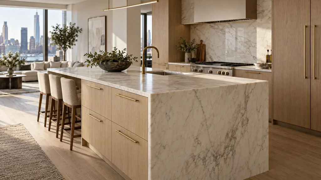 Custom rift-sawn white oak kitchen island with a honed marble waterfall countertop and integrated brass hardware