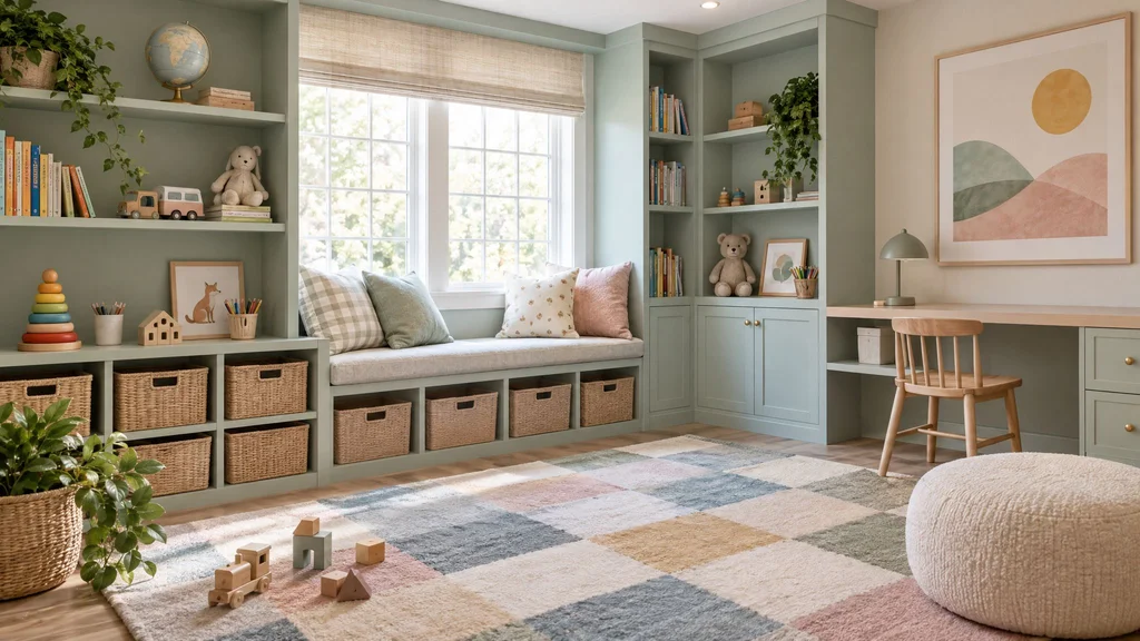 Bright kids' playroom with painted built-in cubbies, toy bins, a reading nook, adjustable book shelves, and a built-in desk