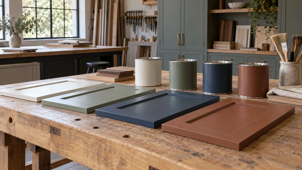 Unlabeled paint cans and painted cabinet door samples in several colors on a workbench