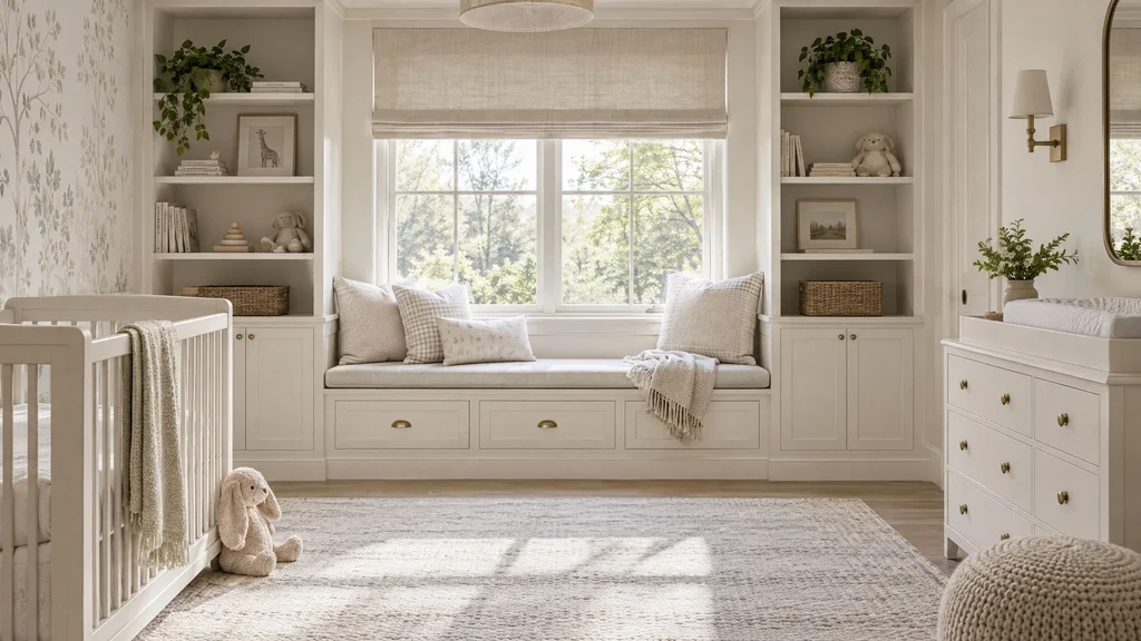 A nursery with built-in shelving, a changing dresser and a window seat in soft white