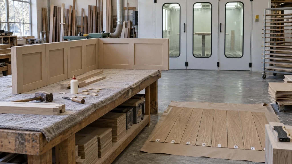 Millwork shop bench with assembled MDF panel frames, loose tenons and sequenced white oak veneer leaves laid out in order