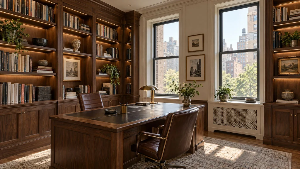 Walnut library-office with floor-to-ceiling sequenced veneer shelving and a built-in partner desk in a Manhattan pre-war apartment