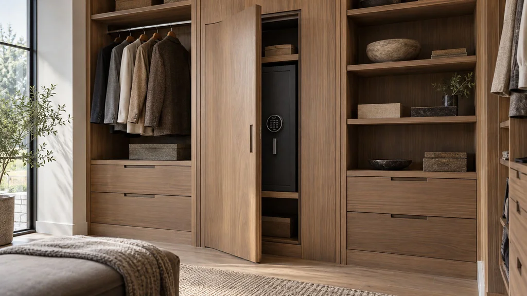 A concealed safe built into a closet cabinet behind a matching wood door that stands slightly open