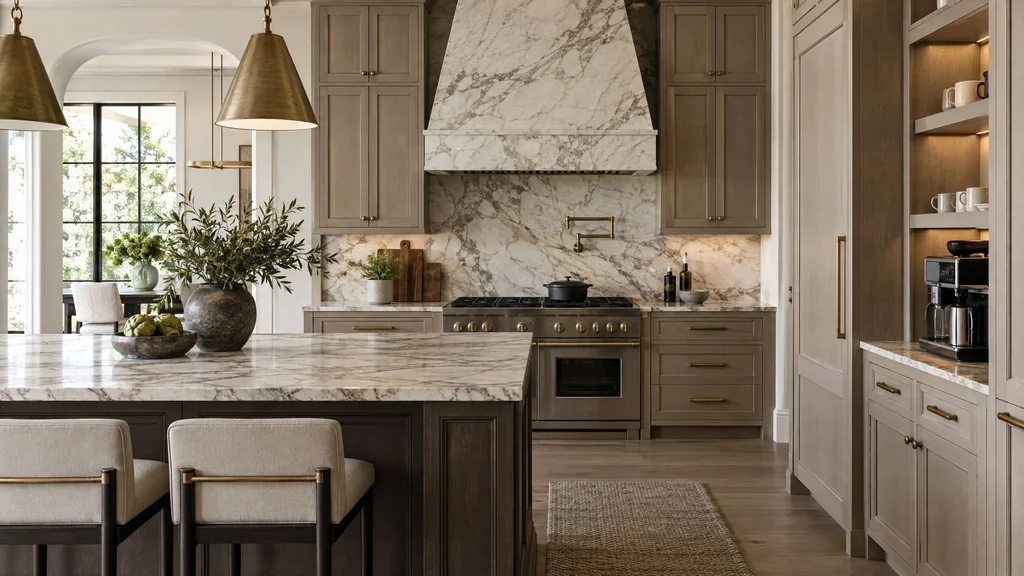 A luxury kitchen with a professional range under a marble hood, a pot filler and a built-in coffee station