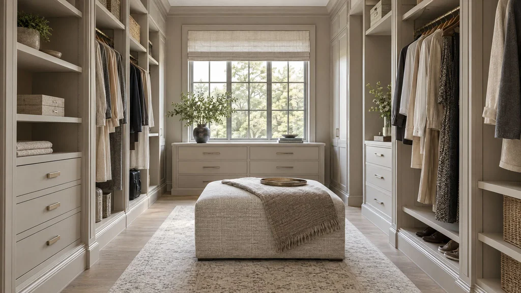 A primary bedroom walk-in closet in soft greige paint with a window, an upholstered ottoman and long-hang sections