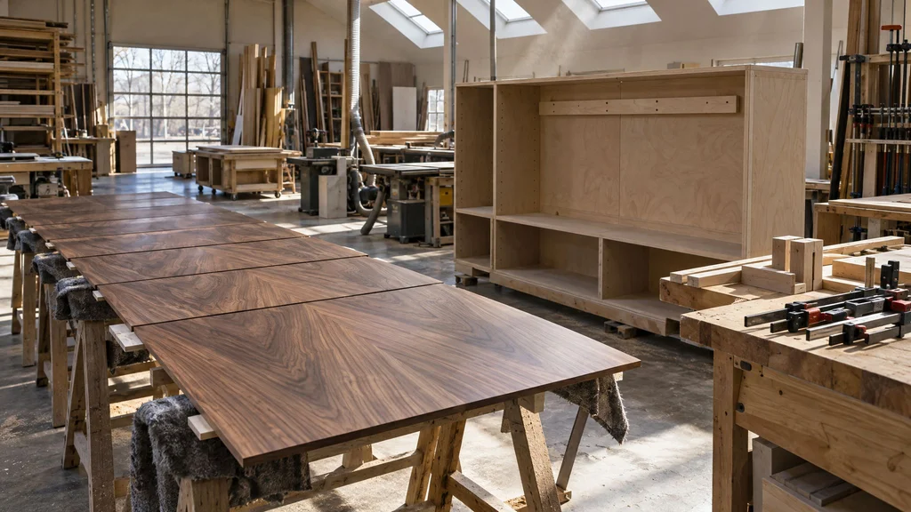 Sequence-matched walnut veneer panels for a media wall laid out in order on sawhorses in a New Jersey millwork shop
