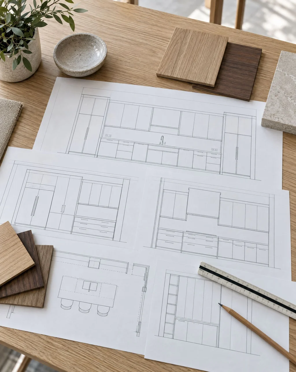 Shop drawings of kitchen cabinet elevations with white oak and walnut veneer samples