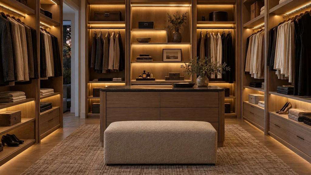 A closet in the evening with warm LED-lit hanging rods and glowing shelves