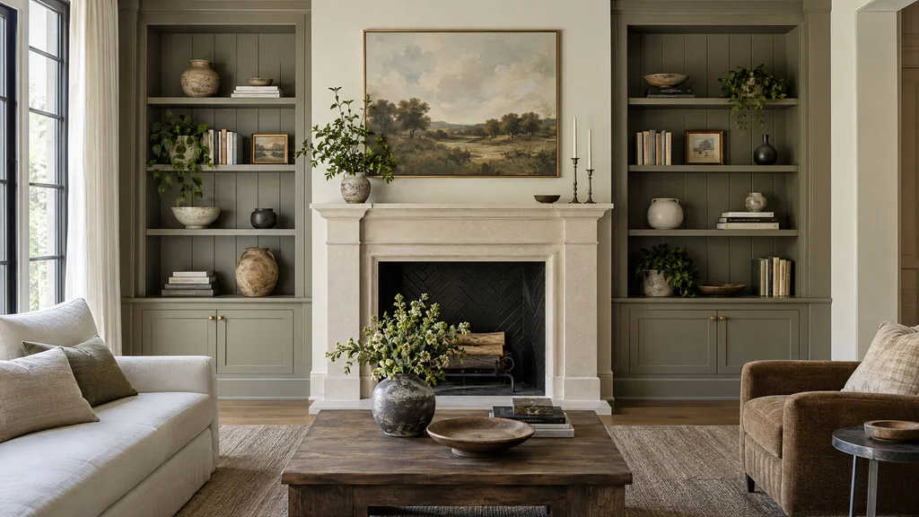 Built-in shelving flanking a fireplace in a living room, styled with books and ceramics