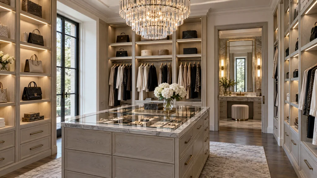 A luxury closet with a glass-top jewelry island, a crystal chandelier and lit display shelves for handbags
