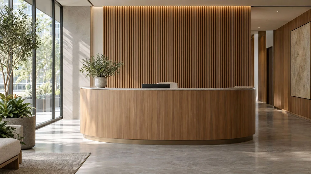 An office reception area with a curved wood reception desk and a slatted feature wall