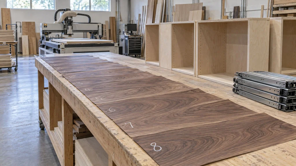 Walnut veneer leaves laid out in sequence on a shop bench beside unfinished cabinet boxes for a home office wall