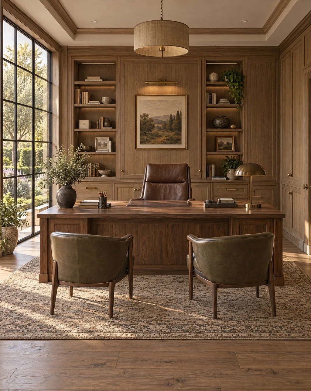 Home office with a walnut desk and paneled built-in shelving
