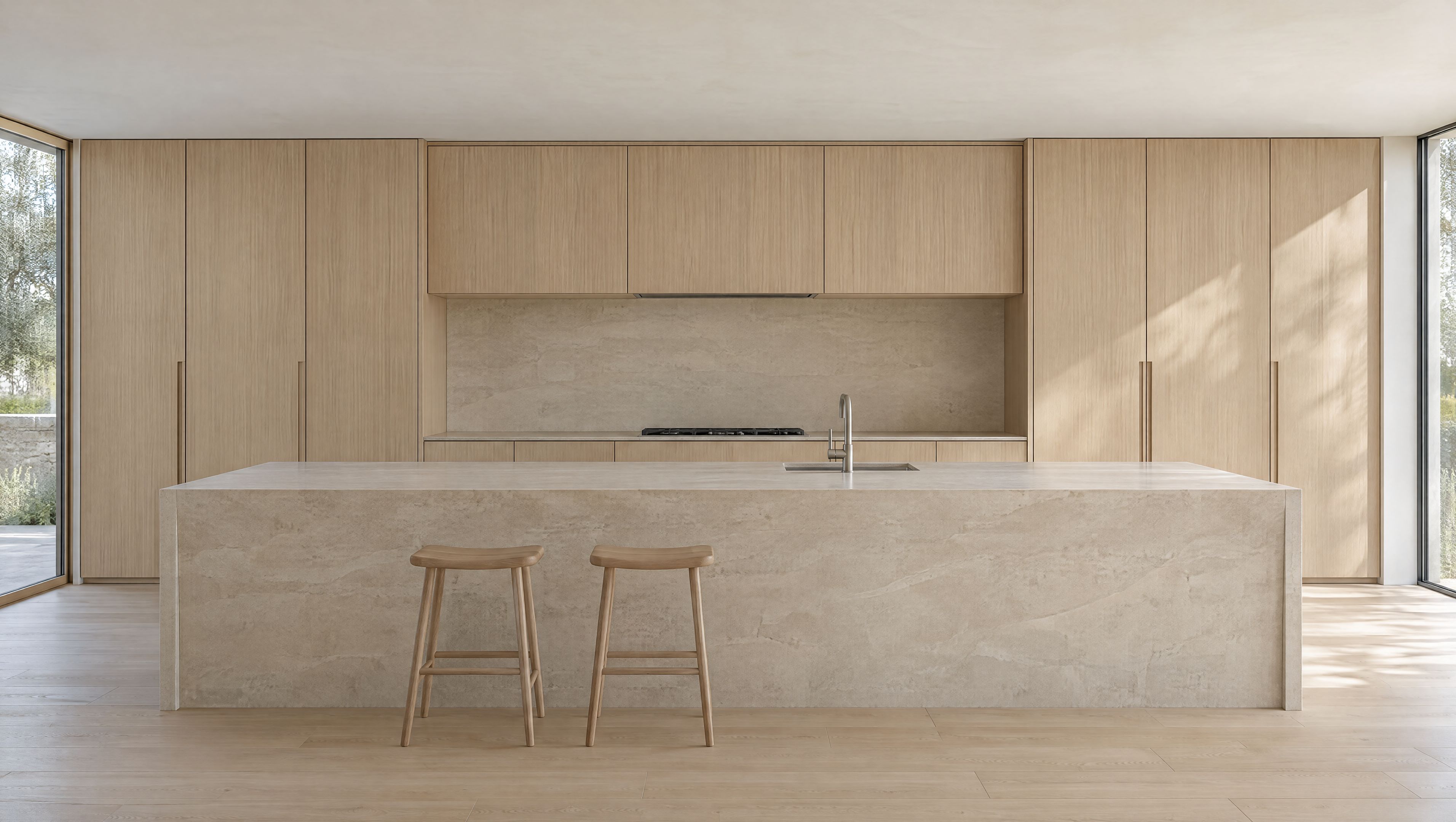 Custom white oak kitchen with flush floor-to-ceiling cabinetry and a long limestone island