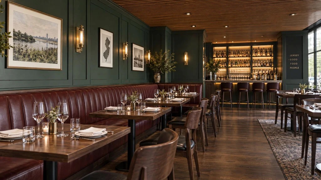 Restaurant dining room with a walnut banquette in oxblood leather, green painted wainscot, and a slatted walnut ceiling