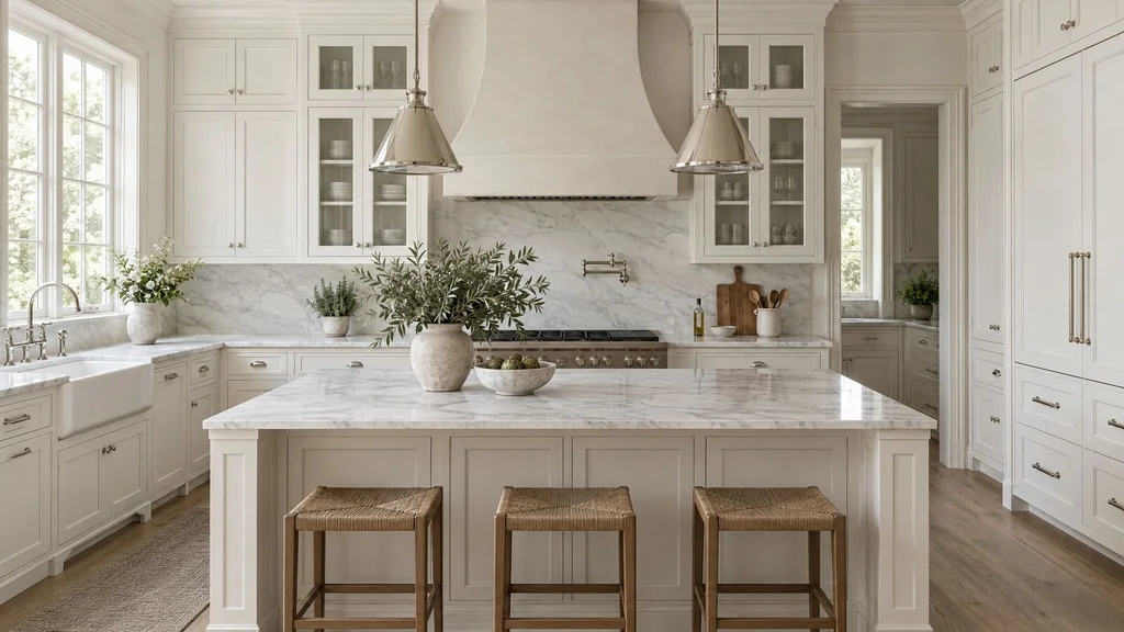 A timeless white kitchen with painted inset cabinets, white marble counters, a plaster hood and polished nickel hardware