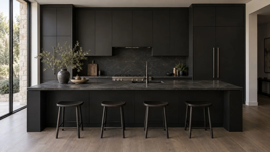 Matte black cabinetry in a modern kitchen in soft light