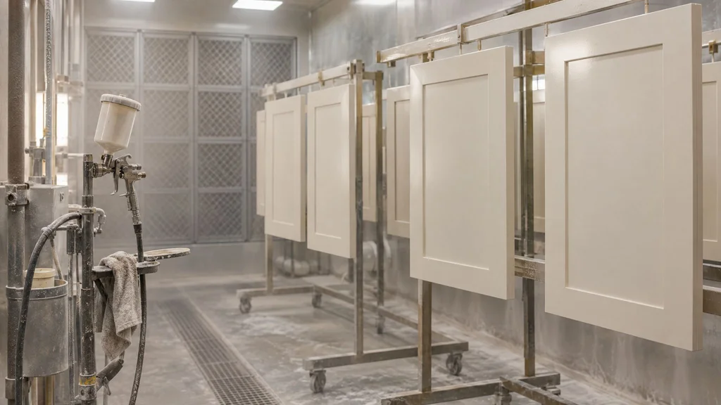 Painted shaker cabinet doors drying on racks after a coat of conversion varnish in a millwork spray booth