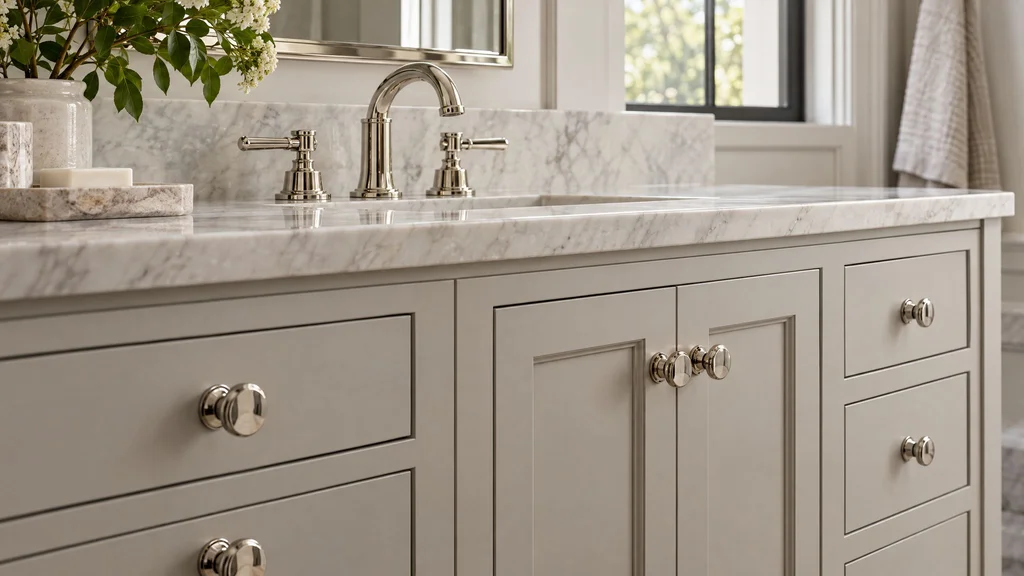 Close-up of vanity drawer pulls and a faucet in matching polished nickel