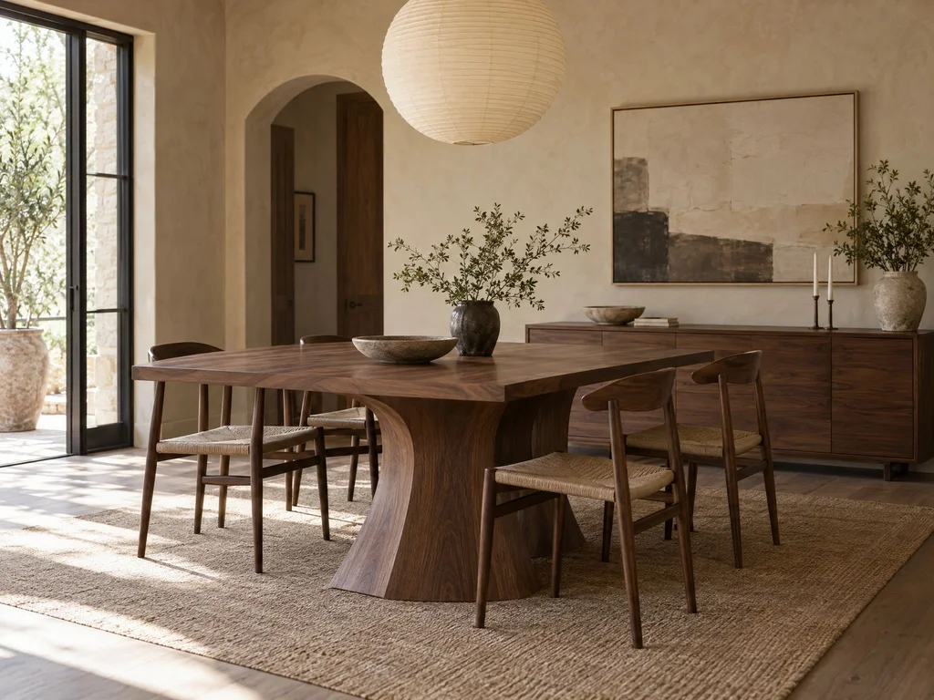 Custom walnut dining table with a curved pedestal base and a matching sideboard