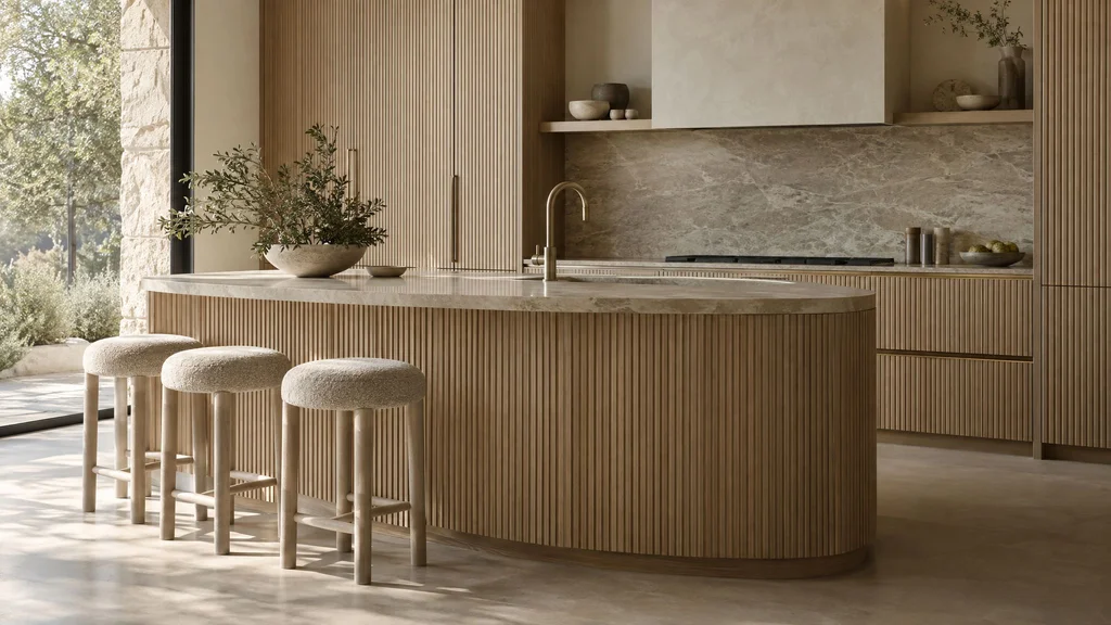 Curved fluted white oak kitchen island and reeded cabinet fronts with vertical grooves catching soft side light